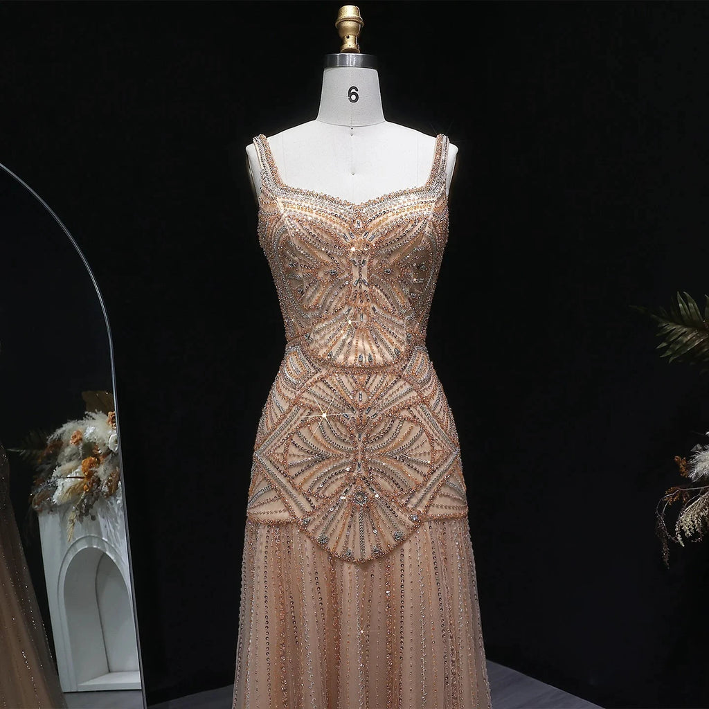 Champagne Beaded Mermaid Evening Dress Luxury Saudi Wedding Gown Customized by ZAPDRESS