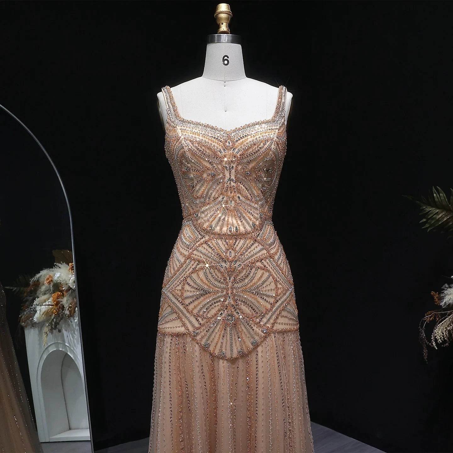 Champagne Beaded Mermaid Evening Dress Luxury Saudi Wedding Gown Customized by ZAPDRESS