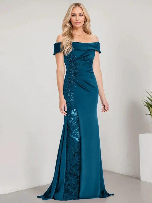 A-Line Off the Shoulder Floor-Length Mother of the Bride Dress Applique Beadings Mermaid Dress With High Split by Dreamylily