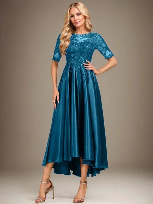A-line Scoop Illusion Asymmetrical Stretch Satin Lace Mother of the Bride Dress With Sequins by Dreamylily