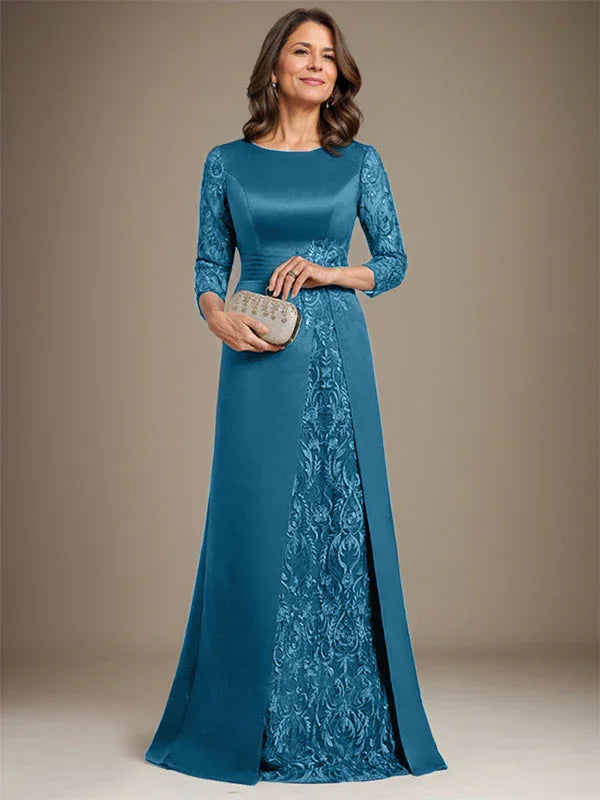 Vestido de madre de la novia de satén con encaje, corte A, largo hasta el suelo y apliques 