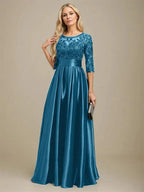 A-line Scoop Illusion Floor-Length Stretch Satin Lace Mother of the Bride Dress With Bow Sequins by Dreamylily