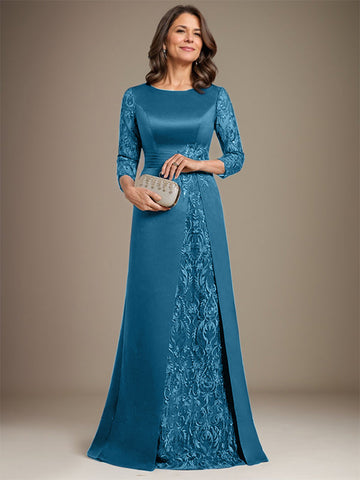 A-Linie U-Ausschnitt Bodenlang Spitze Satin Kleid für die Brautmutter mit Applikation 