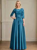 A-line Scoop Illusion Floor-Length Satin Lace Mother of the Bride Dress With Sequins Bow by Dreamylily