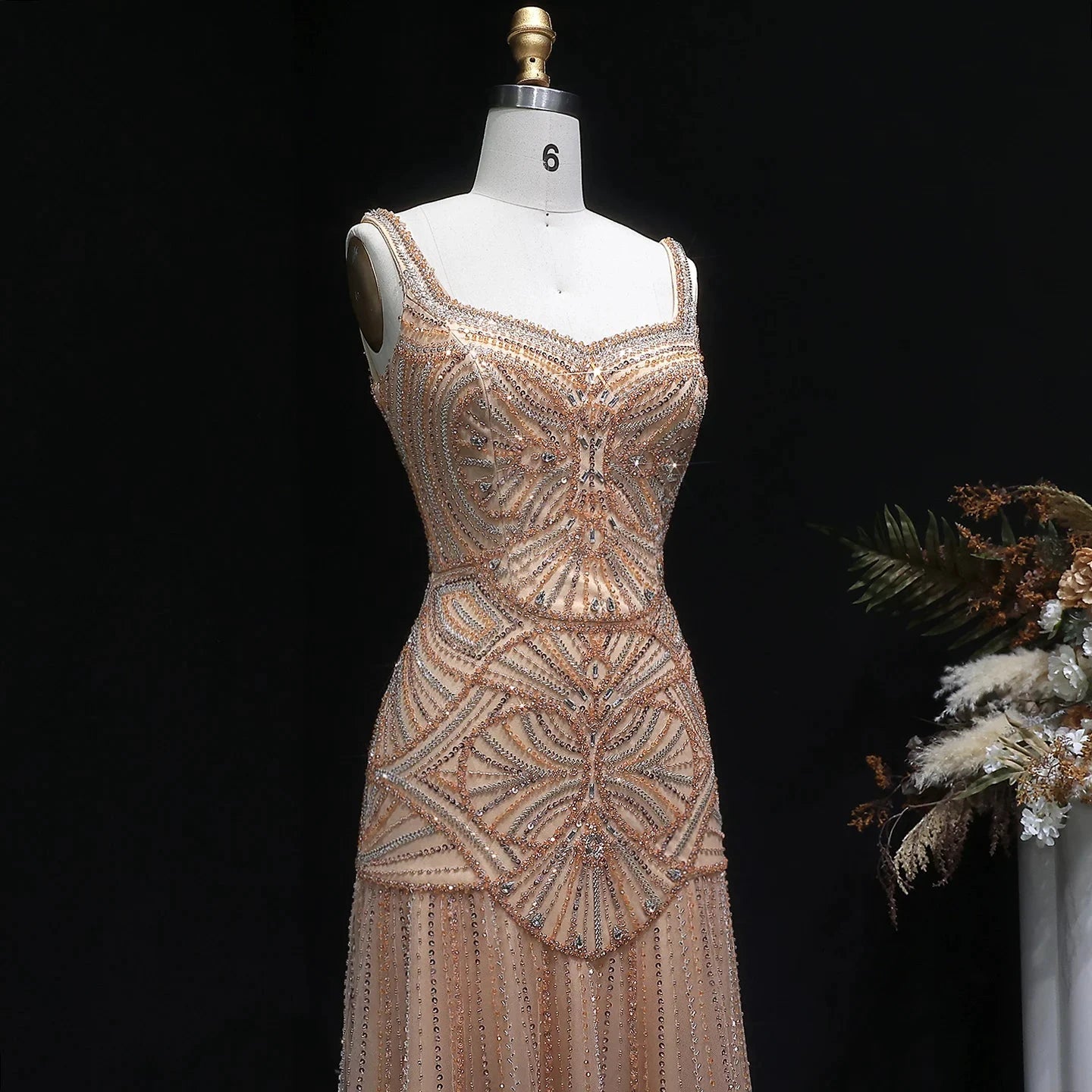 Champagne Beaded Mermaid Evening Dress Luxury Saudi Wedding Gown Customized by ZAPDRESS