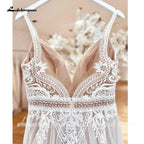 ZapDress Plunging V Bohemian Wedding Dress Customized Vestido Noiva Summer A Line Boho Wedding Gown V Neck Lace Open Back