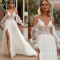 ZapDress Spaghetti Strap Chiffon Wedding Dresses for Bride A Line Boho Beach Bridal Dresses with Puff Sleeves Customized