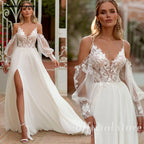 ZapDress Spaghetti Strap Chiffon Wedding Dresses for Bride A Line Boho Beach Bridal Dresses with Puff Sleeves Customized