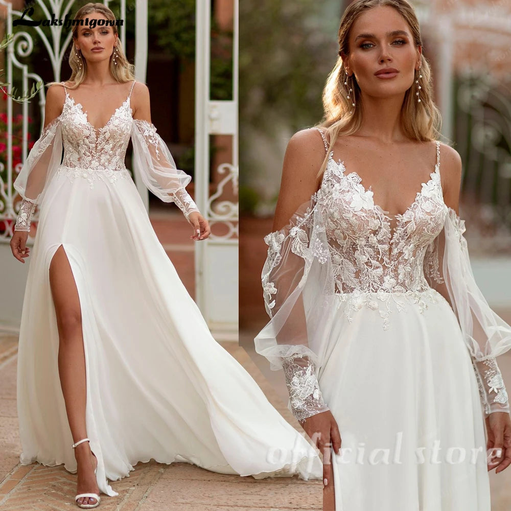ZapDress Spaghetti Strap Chiffon Wedding Dresses for Bride A Line Boho Beach Bridal Dresses with Puff Sleeves Customized