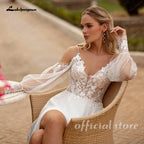 ZapDress Spaghetti Strap Chiffon Wedding Dresses for Bride A Line Boho Beach Bridal Dresses with Puff Sleeves Customized