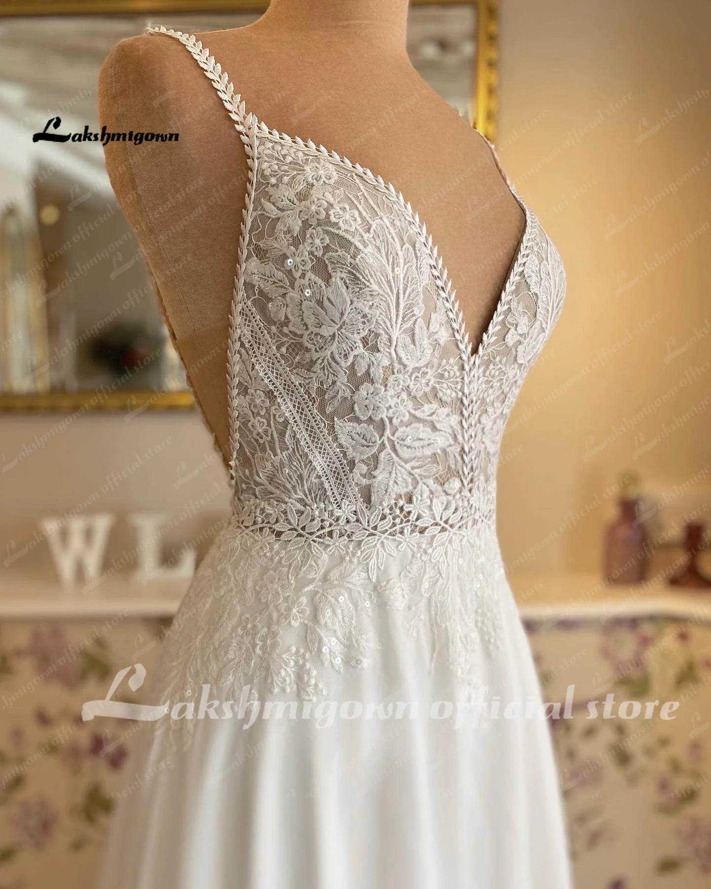 ZapDress Chiffon A Line Beach Wedding Dress Lace Illusion Spaghetti Straps Wedding Gown Open Back Bridal Gown Customized