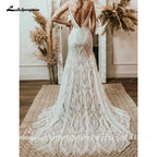 ZapDress Plunging V Bohemian Mermaid Wedding Dress Lace Champagne Bridal Gown Vintage Backless Spaghetti Straps Customized