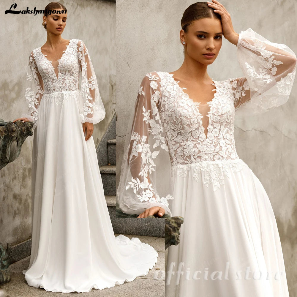 ZapDress Puffy Long Sleeves Wedding Dresses 2026 Chiffon Beach Boho A-Line V-Neck Wedding Gown With Appliques LaceCustomized