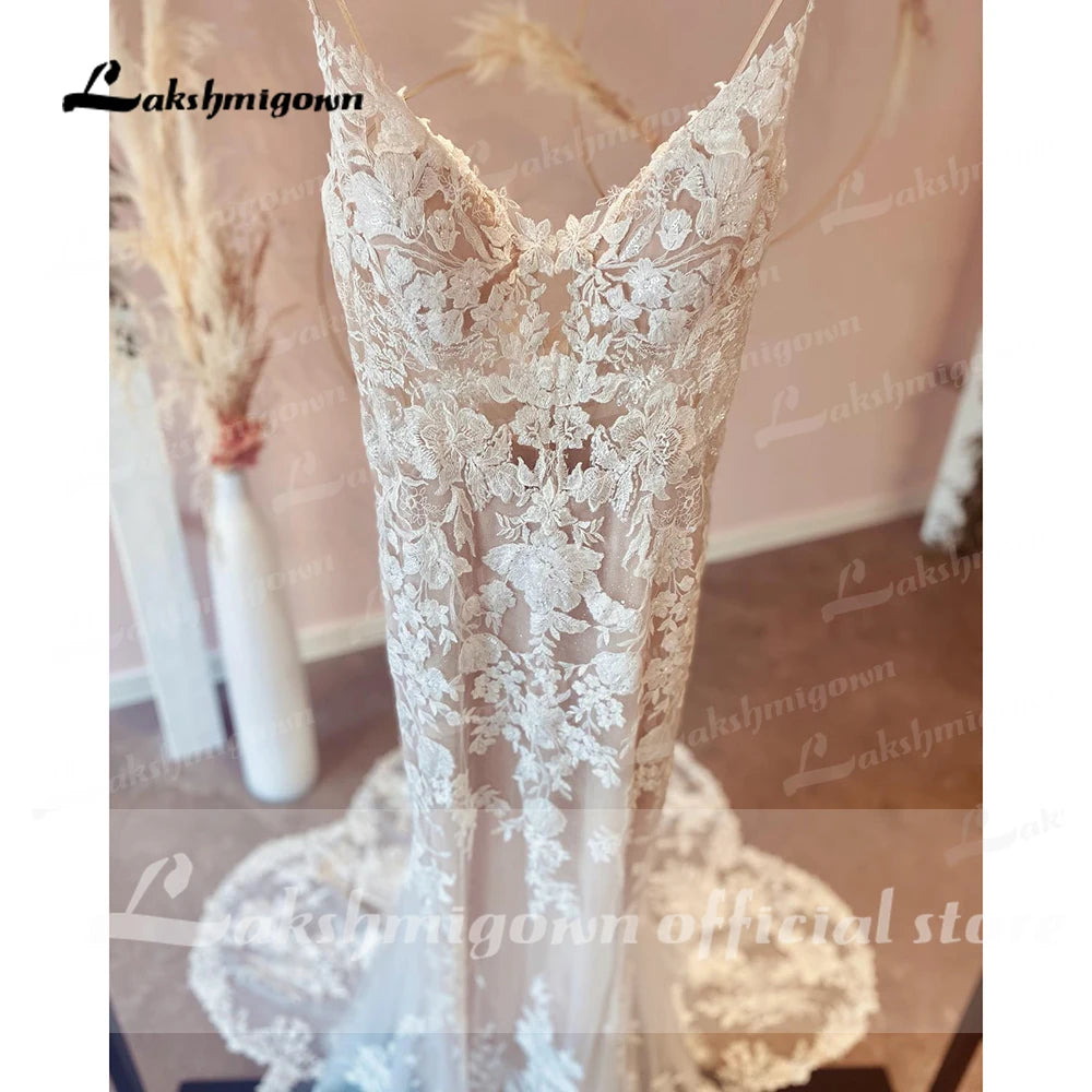 Sexy Spaghetti Straps Mermaid Wedding Dresses Champagne Bride Dress Lace Vestido De Noiva Sereia Wedding Gowns