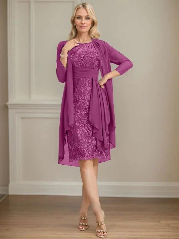 Sheath/Column Scoop Illusion Knee-Length Lace Chiffon Mother of the Bride Dress With Cascading Ruffles Sequins by Dreamylily