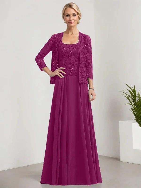 A-line Square Floor-Length Lace Chiffon Mother of the Bride Dress With Sequins by Dreamylily