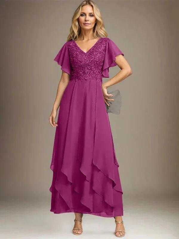 A-line V-Neck Ankle-Length Lace Chiffon Mother of the Bride Dress With Cascading Ruffles by Dreamylily