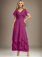 A-line V-Neck Ankle-Length Lace Chiffon Mother of the Bride Dress With Cascading Ruffles by Dreamylily