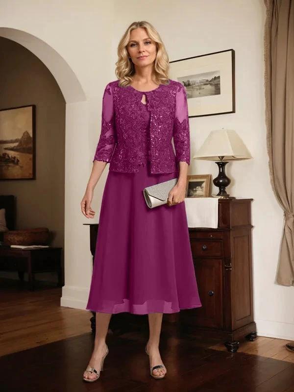 A-line Scoop Tea-Length Lace Chiffon Mother of the Bride Dress With Sequins by Dreamylily