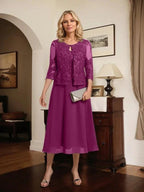 A-line Scoop Tea-Length Lace Chiffon Mother of the Bride Dress With Sequins by Dreamylily