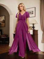 Jumpsuit/Pantsuit V-Neck Floor-Length Chiffon Evening Dress