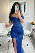Amazing Column Off-the-shoulder Sleeveless Sequined Tulle Split Front Prom Dresses by misshow.com