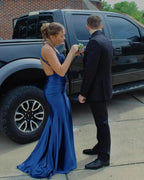 Amazing Column Satin Scoop Sleeveless Blue Prom Dresses With Appliques Split Front by misshow.com