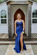 Amazing Column Satin Scoop Sleeveless Blue Prom Dresses With Appliques Split Front by misshow.com