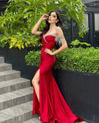 Amazing Column Satin Sweetheart Sleeveless Red Prom Dress With Rhinestone Split Front by misshow.com
