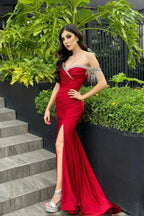 Amazing Column Satin Sweetheart Sleeveless Red Prom Dress With Rhinestone Split Front by misshow.com