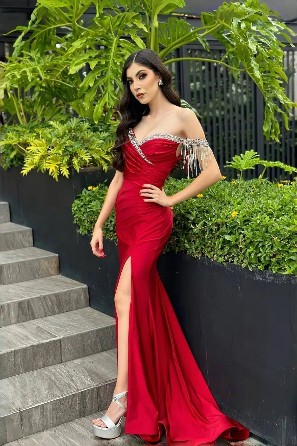 Amazing Column Satin Sweetheart Sleeveless Red Prom Dress With Rhinestone Split Front by misshow.com