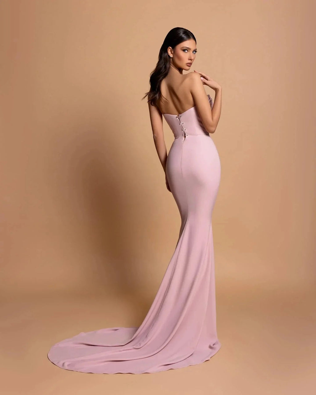 Amazing Column Strapless Sleeveless Rhinestone Satin Openback With Train Pink Prom Dresses by misshow.com