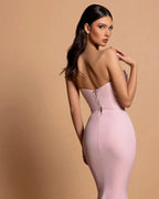 Amazing Column Strapless Sleeveless Rhinestone Satin Openback With Train Pink Prom Dresses by misshow.com