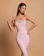 Amazing Column Strapless Sleeveless Rhinestone Satin Openback With Train Pink Prom Dresses by misshow.com