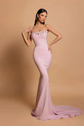 Amazing Column Strapless Sleeveless Rhinestone Satin Openback With Train Pink Prom Dresses by misshow.com
