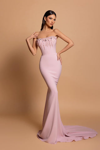 Erstaunliche Spalte Trägerlos Ärmellos Strass Satin Openback Mit Schleppe Rosa Ballkleider