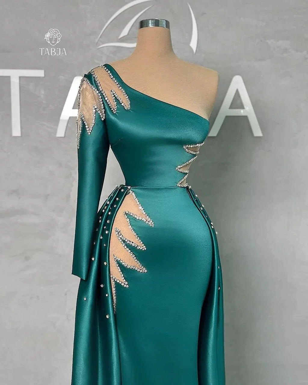 Amazing Floor Length One Shoulder Rhinestones Long Sleeve Prom Dress With Detachable Train by misshow.com