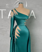 Amazing Floor Length One Shoulder Rhinestones Long Sleeve Prom Dress With Detachable Train by misshow.com