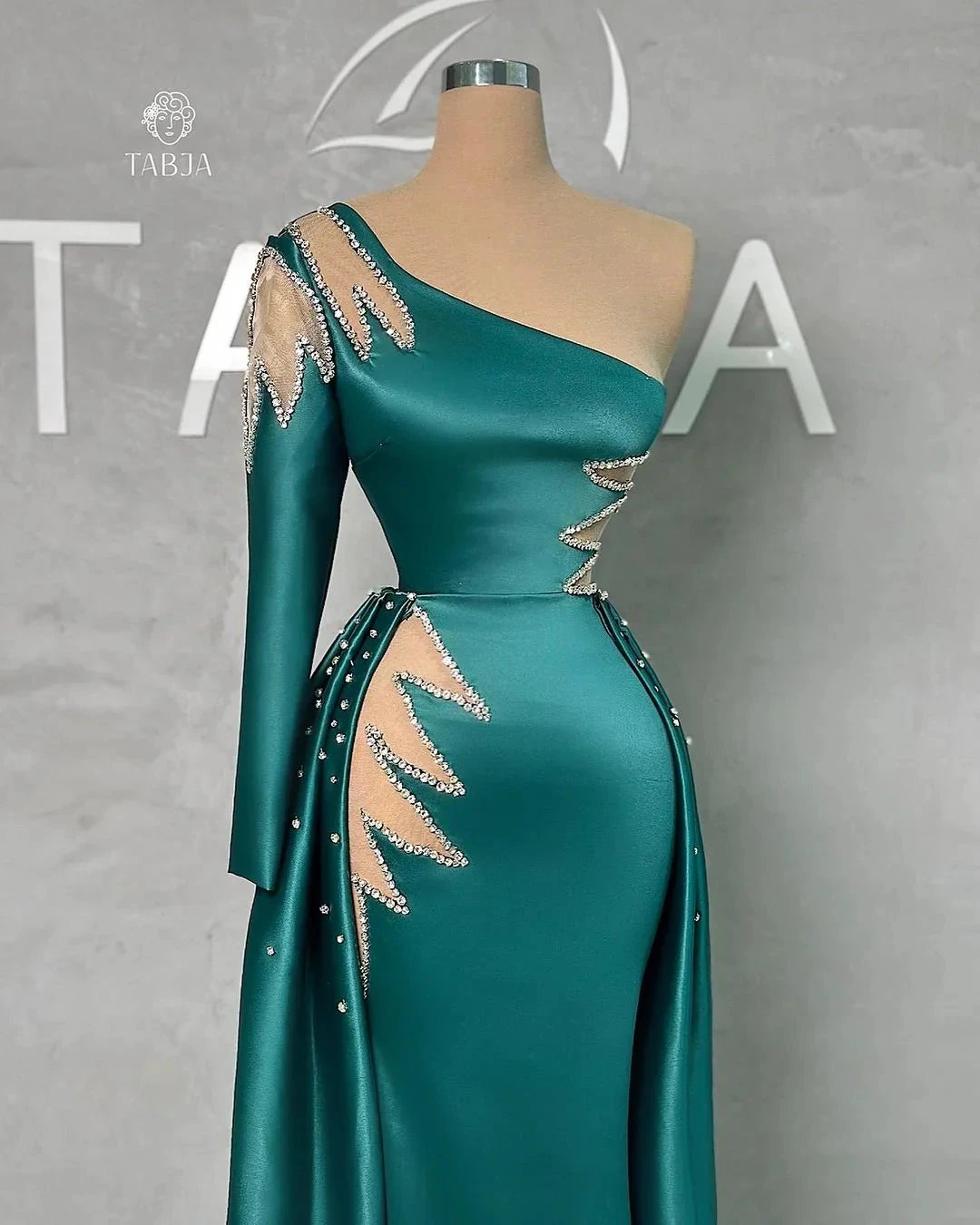 Amazing Floor Length One Shoulder Rhinestones Long Sleeve Prom Dress With Detachable Train by misshow.com