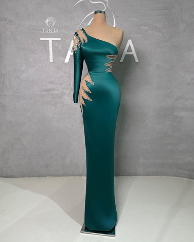 Erstaunliches bodenlanges One-Shoulder-Ballkleid mit Strasssteinen und langen Ärmeln und abnehmbarer Schleppe