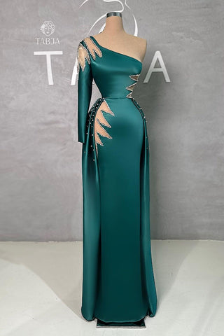 Erstaunliches bodenlanges One-Shoulder-Ballkleid mit Strasssteinen und langen Ärmeln und abnehmbarer Schleppe