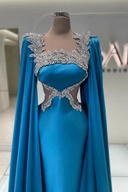 Amazing Long Blue Satin Rhinestones Prom Dress Designer Evening Dress by misshow.com