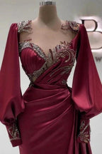 Amazing Long Burgundy Mermaid Beading Lace Prom Dresses with Long Sleeves by misshow.com
