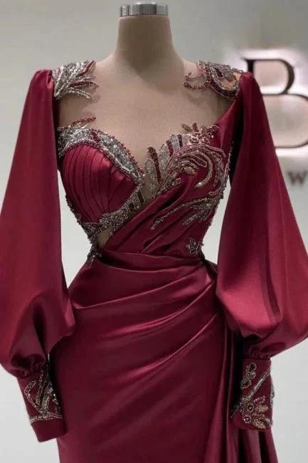 Amazing Long Burgundy Mermaid Beading Lace Prom Dresses with Long Sleeves by misshow.com