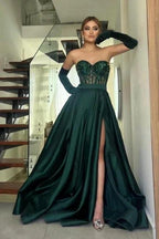 Amazing Long Dark Green A-line Strapless Lace Prom Dress With Slit by misshow.com