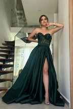 Amazing Long Dark Green A-line Strapless Lace Prom Dress With Slit by misshow.com