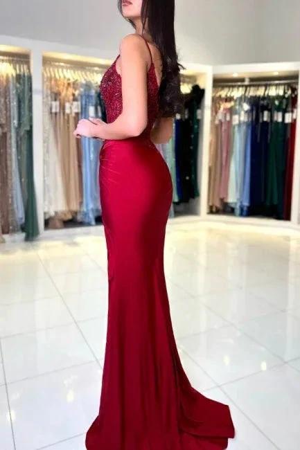 Amazing Long Mermaid Burgundy Spaghetti Straps Lace Prom Dress With Slit by misshow.com