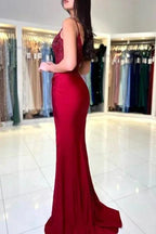 Amazing Long Mermaid Burgundy Spaghetti Straps Lace Prom Dress With Slit by misshow.com