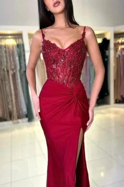 Amazing Long Mermaid Burgundy Spaghetti Straps Lace Prom Dress With Slit by misshow.com