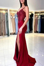Amazing Long Mermaid Burgundy Spaghetti Straps Lace Prom Dress With Slit by misshow.com